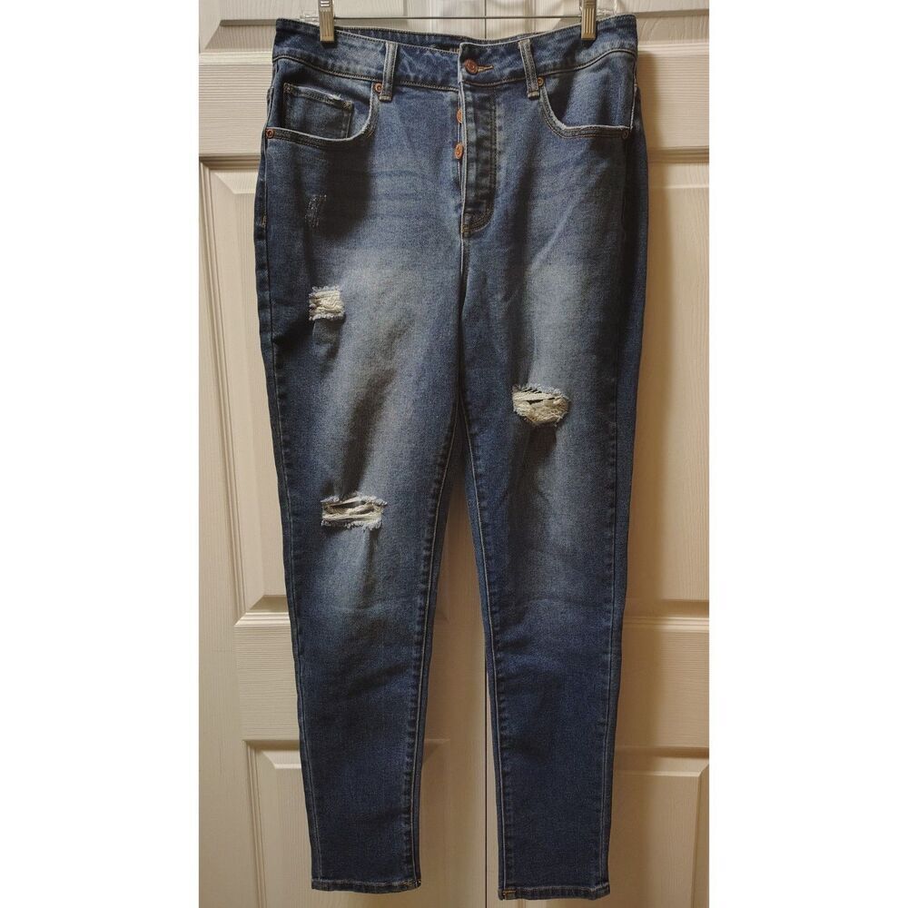Maurices 12-L‎ High Rise Distressed Butterfly Button Blue Denim Jeans